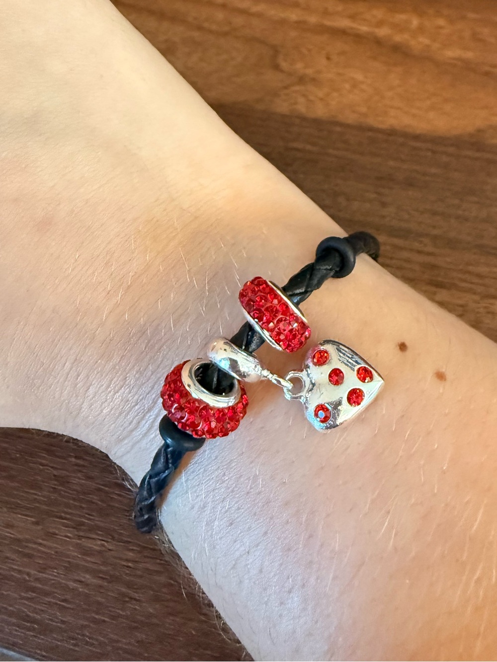 Red Crystal Heart Charm Bracelet on Black Braided Cord